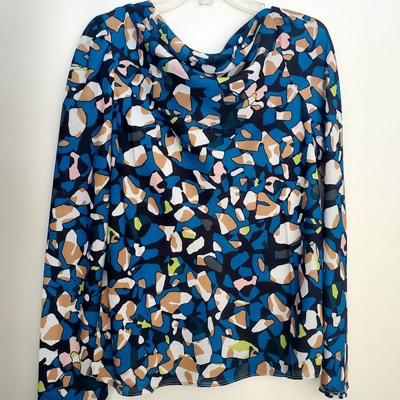 HALSTON Cowl Neck Blouse Teal Blue Black Neutral Colours Ditsy Geometric Print - Picture 1 of 4